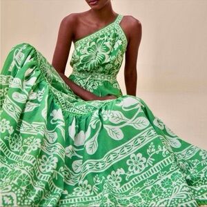 FARM Rio Green and White Asymmetrical One Shoulder Resort Dress